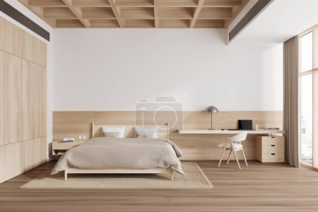 Photo for Interior of modern bedroom with beige walls, wooden floor, comfortable king size bed and workplace with computer desk and chair. 3d rendering - Royalty Free Image