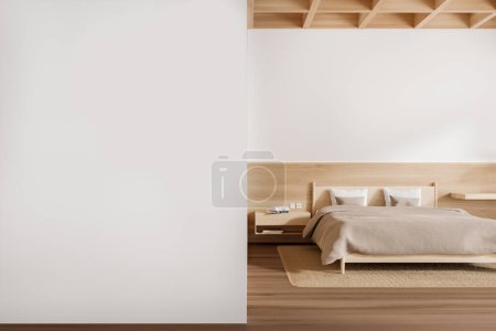 Foto de Cama interior del dormitorio del hotel blanco con sábanas de color beige, suelo de madera. Acogedora habitación relajante con muebles elegantes. Simular espacio de copia partición de pared en blanco. Renderizado 3D - Imagen libre de derechos