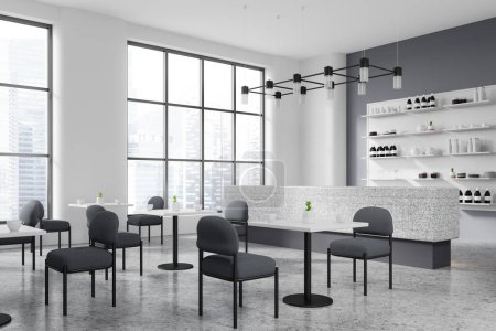 Photo for Corner view of stylish restaurant interior with eating tables and chairs in row. Open space with stone counter with dishes, panoramic window on Singapore skyscrapers. 3D rendering - Royalty Free Image