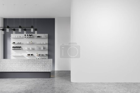 Téléchargez les photos : Bar intérieur blanc et gris avec comptoir en pierre au sol en béton gris, étagères minimalistes en rangée avec vaisselle et ustensiles de cuisine. Cloison de mur d'espace de copie de maquette. rendu 3D - en image libre de droit