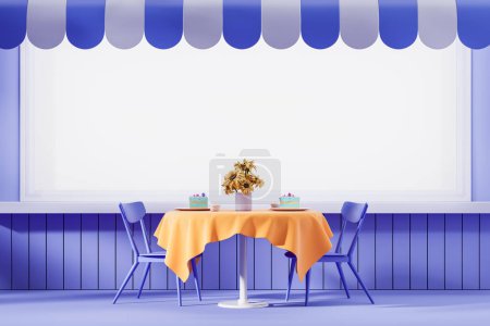 Foto de Vista de la cafetería de la calle azul con mesa redonda y dos sillas y gran cartel de maqueta horizontal. Concepto de publicidad de negocios. renderizado 3d - Imagen libre de derechos