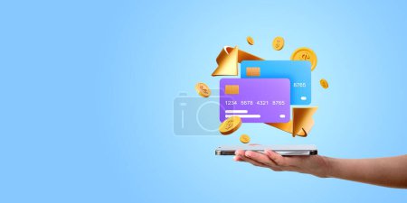 Photo for Hands of woman holding smarphone with cashback icons, arrows and dollar coins over blue copy space background,. Concept of cashback and refund - Royalty Free Image