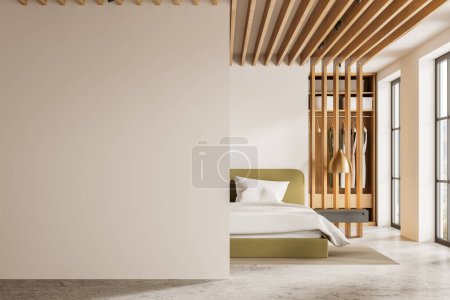 Photo for Modern hotel bedroom interior bed with white bed sheets, carpet on concrete floor. Wardrobe with clothes and panoramic window. Mock up copy space blank wall partition. 3D rendering - Royalty Free Image