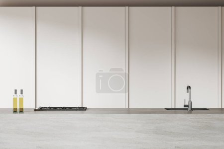 Téléchargez les photos : Intérieur d'une cuisine élégante avec murs blancs et confortable îlot de pierre avec cuisinière intégrée et évier. Rendu 3d - en image libre de droit