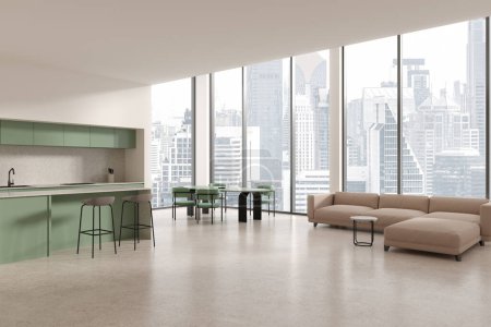 Photo for Corner view of stylish flat studio interior with sofa on light concrete floor. Cooking and eating corner with bar island. Panoramic window on Bangkok skyscrapers. 3D rendering - Royalty Free Image