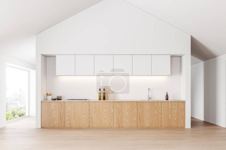 Foto de Interior de la elegante cocina con paredes blancas, suelo de madera, armarios blancos y cómodos armarios blancos con cocina empotrada y lavabo. renderizado 3d - Imagen libre de derechos