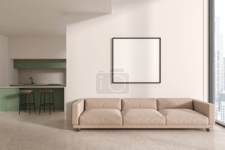 Photo for Interior of stylish kitchen with white walls, concrete floor, comfortable green island with stools and cozy beige sofa with square mock up poster hanging above it. 3d rendeing - Royalty Free Image