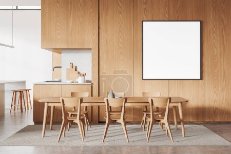 Foto de Interior de la cocina de madera de lujo con mesa y sillas, bar isla con taburete. Espacio de cocina con armario y utensilios de cocina. Cartel cuadrado de lona burlona. Renderizado 3D - Imagen libre de derechos
