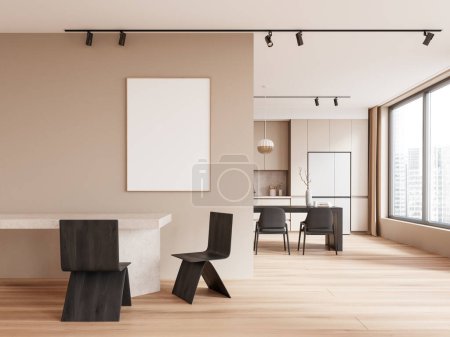 Photo for Cozy home kitchen interior with dinner table, mock up poster on wall partition. Cooking and eating zone near panoramic window on skyscrapers. 3D rendering - Royalty Free Image