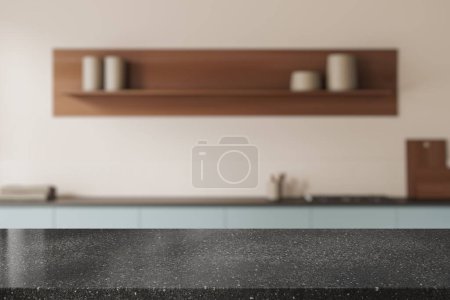 Téléchargez les photos : Table en granit de pierre sur fond flou de cuisine intérieure minimaliste, espace de cuisson et étagère en bois. Maquette de l'espace de copie pour l'affichage du produit. rendu 3D - en image libre de droit