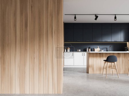 Foto de Acogedor interior de la cocina casera con barra de bar y taburete, gabinete de cocina azul y blanco con utensilios de cocina. Simular partición de pared vacía de madera. Renderizado 3D - Imagen libre de derechos