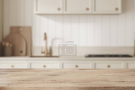 Téléchargez les photos : Maquette table en bois sur fond flou de l'intérieur de la cuisine maison, armoire de cuisine classique de luxe avec ustensiles de cuisine, évier et cuisinière. Maquette de l'espace de copie pour l'affichage du produit. rendu 3D - en image libre de droit