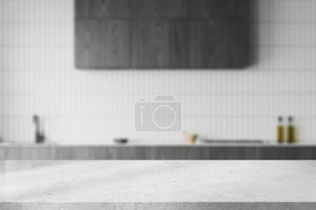 Téléchargez les photos : Table en pierre claire sur fond flou de cuisine intérieure minimaliste, évier avec cuisinière et ustensiles de cuisine. Maquette de l'espace de copie pour l'affichage du produit. rendu 3D - en image libre de droit