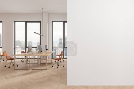 Photo for Interior of modern open space office with white and beige walls, wooden floor, rows of computer tables with leather chairs. Copy space wall on the right. 3d rendering - Royalty Free Image