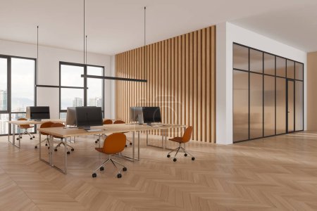 Photo for Interior of stylish open space office with white and wooden walls, wooden floor, rows of computer tables with leather chairs and meeting room next to it. 3d rendering - Royalty Free Image