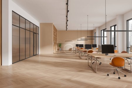 Photo for Interior of stylish coworking office with white and beige walls, wooden floor and rows of computer desks with beige chairs. 3d rendeirng - Royalty Free Image