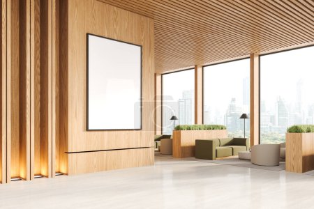 Téléchargez les photos : Vue d'angle de l'intérieur en bois d'affaires avec canapé et table basse en rangée, sol en béton léger. Fenêtre panoramique sur les gratte-ciel de Bangkok. Affiche de toile maquillée sur le mur. rendu 3D - en image libre de droit