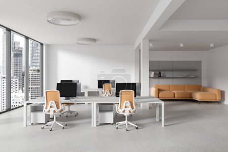 Photo for Interior of stylish open space office with white walls, concrete floor and long computer tables with orange chairs. Orange sofa in background. 3d rendering - Royalty Free Image