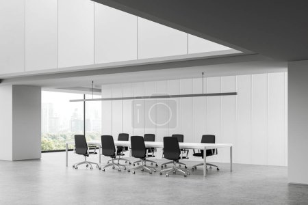 Photo for Corner view of white conference interior with armchairs and board, side view grey concrete floor. Minimalist meeting corner and panoramic window on Bangkok skyscrapers. 3D rendering - Royalty Free Image