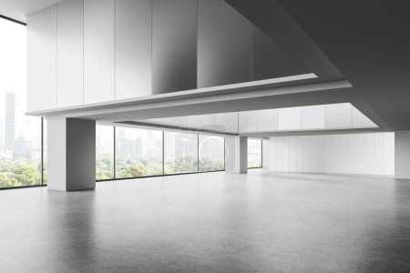 Foto de Vista lateral del interior de la sala de oficinas industrial con suelo de hormigón gris, altillo con columnas. Rincón de trabajo de metal y blanco con ventana panorámica en los rascacielos de Bangkok. Renderizado 3D - Imagen libre de derechos