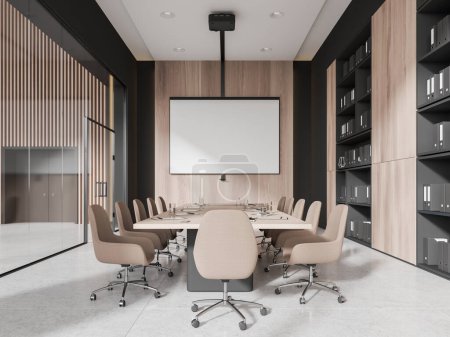 Téléchargez les photos : Intérieur d'une élégante salle de réunion de bureau avec murs en bois, sol en béton, longue table de conférence avec chaises et écran de projection. Rendu 3d - en image libre de droit