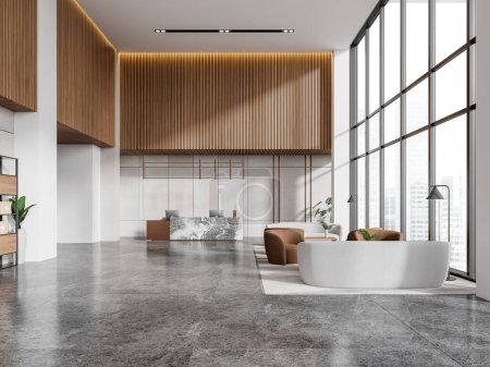Photo for Modern office interior marble reception desk, open space waiting or relaxing zone with sofa and armchairs. Shelf with documents and plant. Panoramic window on skyscrapers. 3D rendering - Royalty Free Image