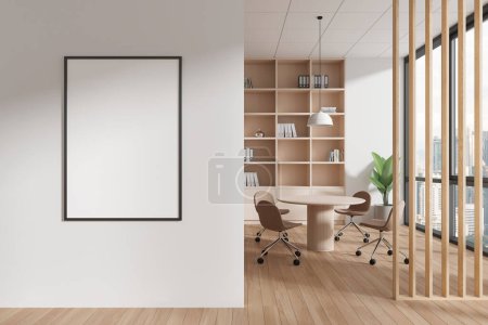 Photo for White and wooden home living room interior with dining table and chairs, hardwood floor. Panoramic window on Kuala Lumpur. Mock up copy space blank poster on partition. 3D rendering - Royalty Free Image