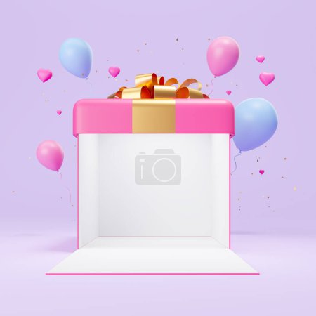 Photo for View of empty open gift box with pink and blue balloons around it over pink background. Concept of Valentines day celebration and love. 3d rendering - Royalty Free Image