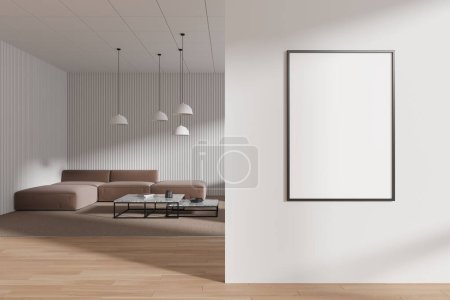 Foto de Interior de la sala de estar del hogar blanco y de madera con sofá modular marrón, mesa de centro en piso de madera dura. Acogedora zona de frío escandinavo y burla cartel de lona en la partición de la pared. Renderizado 3D - Imagen libre de derechos