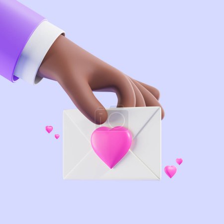 Photo for View of cartoon African man hand holding Valentine card over purple background. Concept of Valentines day celebration and love. 3d rendering - Royalty Free Image
