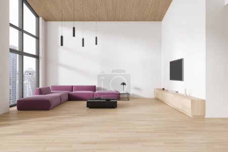 Photo for Interior of stylish living room with white walls, wooden floor, comfortable red sofa standing near square coffee table and TV set on the wall. 3d rendering - Royalty Free Image