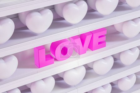 Foto de Vista superior de la estantería del mercado con lámpara de amor rosa y corazones, tienda de regalos de San Valentín. Concepto de vacaciones, celebración y compras en línea. Ilustración de representación 3D - Imagen libre de derechos