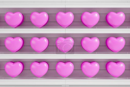 Téléchargez les photos : Vue des étagères blanches remplies de cœurs roses. Concept de célébration de la Saint-Valentin et de la marchandise. Rendu 3d - en image libre de droit