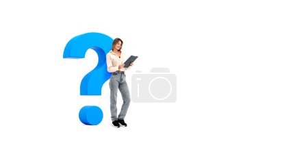 Photo for Happy woman reading a document, large blue question mark on empty wide format copy space background. Concept of education, knowledge, search for answer and information - Royalty Free Image