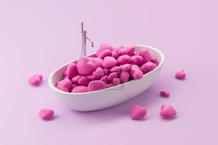 Foto de Vista superior de la bañera blanca llena de corazones de dibujos animados de color rosa. Cita romántica y relación. Concepto de amor, día de San Valentín, pasión y amistad. Ilustración de representación 3D - Imagen libre de derechos