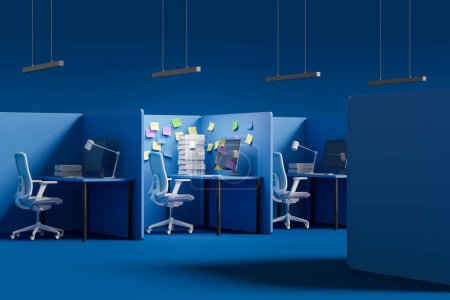 Téléchargez les photos : Vue des cabines de bureau bleues avec des bureaux d'ordinateur et des chaises de bureau sur fond bleu. Concept de lieu de travail et mode de vie des entreprises. Rendu 3d - en image libre de droit