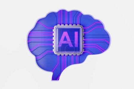 Photo for Cartoon brain and AI CPU chip, digital connection lines on empty white background. Concept of virtual assistant, artificial intelligence and information processing. 3D rendering illustration - Royalty Free Image