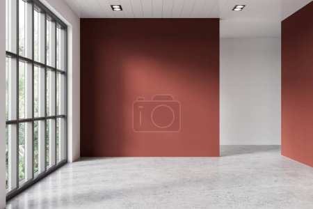Photo for Red and white hotel bathroom interior with panoramic window on tropics, light concrete floor. Empty bathing room with partition. No people, no furniture. Mockup copy space wall. 3D rendering - Royalty Free Image