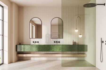 Téléchargez les photos : Élégant intérieur de salle de bain d'hôtel avec double lavabo et douche, cloison en verre. Espace de bain élégant avec mobilier minimaliste et fenêtre panoramique. rendu 3D - en image libre de droit