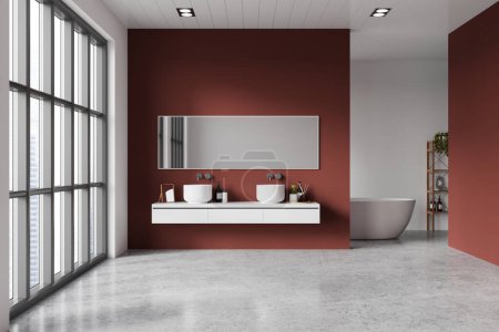 Téléchargez les photos : Red intérieur moderne de la maison salle de bain avec double lavabo et baignoire, sol en béton clair. Fenêtre panoramique sur les gratte-ciel. Vanité murale suspendue avec accessoires et étagère avec plantes d'intérieur. rendu 3D - en image libre de droit