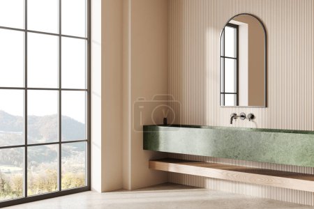Photo for Corner of stylish bathroom with beige walls, concrete floor and comfortable sink made of green marble with vertical mirror hanging above it. 3d rendering - Royalty Free Image