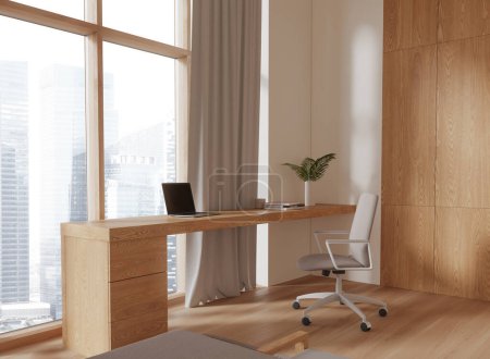 Téléchargez les photos : Vue en angle de l'intérieur de l'hôtel avec espace de travail, fauteuil et table en bois avec ordinateur portable, fenêtre panoramique sur les gratte-ciel de Singapour. Lieu de travail élégant dans un appartement en bois confortable. rendu 3D - en image libre de droit