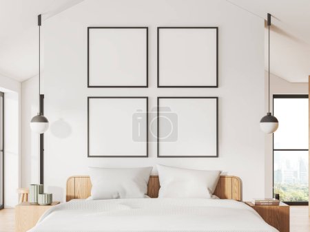 Photo for White home bedroom interior bed and nightstand with decoration, hardwood floor. Stylish sleep room with four mock up canvas posters in row. Panoramic window on skyscrapers. 3D rendering - Royalty Free Image