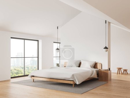 Foto de Vista de esquina del elegante interior del dormitorio con cama y mesita de noche, alfombra en el suelo de madera. Ventana panorámica de los rascacielos de Bangkok. Simular la partición de la pared de espacio de copia. Renderizado 3D - Imagen libre de derechos