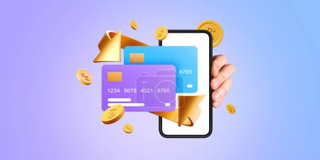 Photo for Hand showing mockup blank smartphone display, two credit cards with arrow and falling coins. Concept of online payment, mobile banking and money transferring - Royalty Free Image