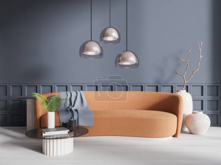 Photo for Interior of modern living room with gray walls, concrete floor, comfortable orange sofa standing near round coffee table and beautiful ceiling lamp. 3d rendering - Royalty Free Image