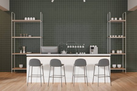 Foto de Interior de elegante restaurante con paredes de azulejos verdes, suelo de madera y cómodo mostrador de bar blanco con taburetes grises. renderizado 3d - Imagen libre de derechos