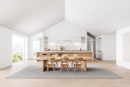 Foto de Interior de la cocina de lujo blanco con mesa de comedor de madera, isla de bar y gabinete de cocina con refrigerador en piso de madera. Ventana panorámica de los rascacielos de Bangkok. Renderizado 3D - Imagen libre de derechos