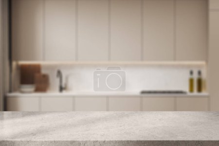 Téléchargez les photos : Comptoir en pierre sur fond flou d'intérieur de cuisine maison beige, évier avec cuisinière et ustensiles de cuisine. Maquette de l'espace de copie pour l'affichage du produit. rendu 3D - en image libre de droit