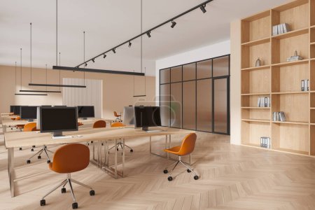 Photo for Corner of modern open space office with white and wooden walls, wooden floor and rows of computer tables with leather chairs. 3d rendering - Royalty Free Image
